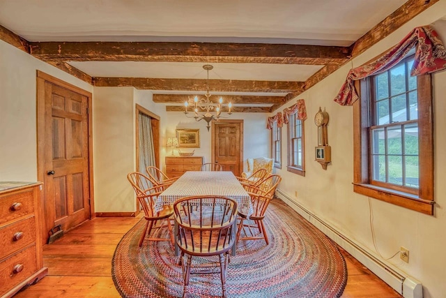 3247 Rte 302, Lisbon, NH 03585 - dining room with a baseboard radiator, light wood-style floors, a chandelier, and beamed ceiling
