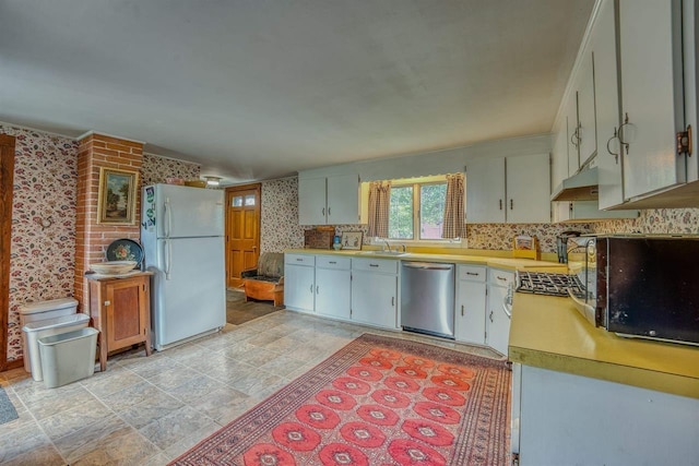 3247 Rte 302, Lisbon, NH 03585 - kitchen featuring stainless steel dishwasher, freestanding refrigerator, black microwave, light countertops, and wallpapered walls