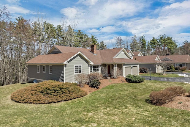 107 Peaked Hill Rd, Hopkinton, NH 03229 - ranch-style home with a garage, a chimney, a front yard, and driveway