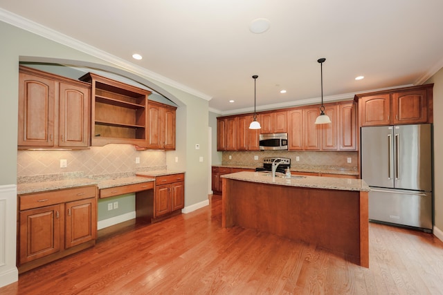 2C Manor Dr, Hooksett, NH 03106 - kitchen featuring appliances with stainless steel finishes, light wood-style floors, light stone counters, open shelves, and ornamental molding