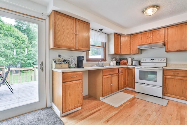 22 Pelham Rd, Hudson, NH 03051 - kitchen with white electric stove, under cabinet range hood, light wood-type flooring, light countertops, and brown cabinets