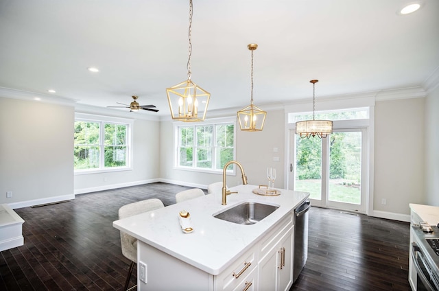50 Newfields Rd Unit A, Exeter, NH 03833 - kitchen with ornamental molding, a chandelier, dark wood-style floors, pendant lighting, and stainless steel appliances