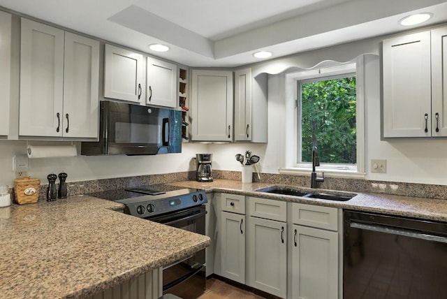 38 Cambridge Rd, Bedford, NH 03110 - kitchen featuring black appliances, recessed lighting, open shelves, and wood finished floors