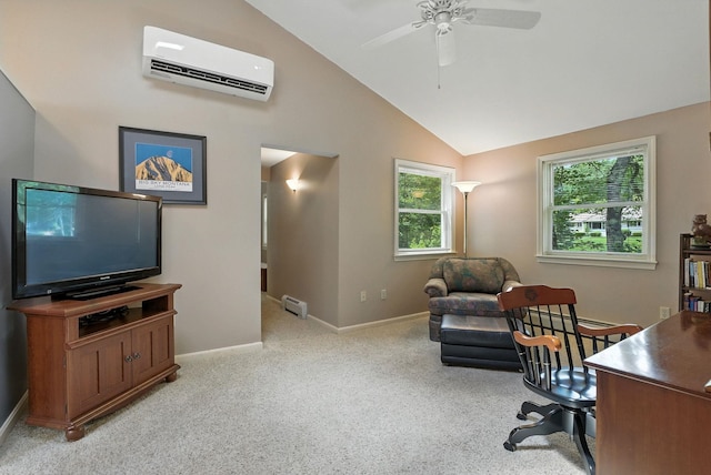38 Cambridge Rd, Bedford, NH 03110 - office area with a wall unit AC, vaulted ceiling, light carpet, and ceiling fan