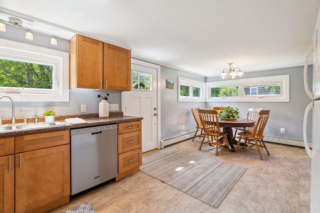 626 County Rd, New London, NH 03257 - kitchen with dishwasher, baseboard heating, brown cabinets, a chandelier, and crown molding