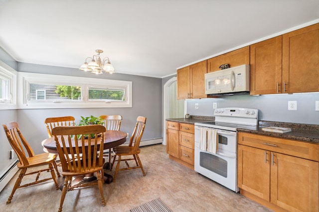 626 County Rd, New London, NH 03257 - kitchen featuring white appliances, baseboard heating, a chandelier, light floors, and brown cabinets