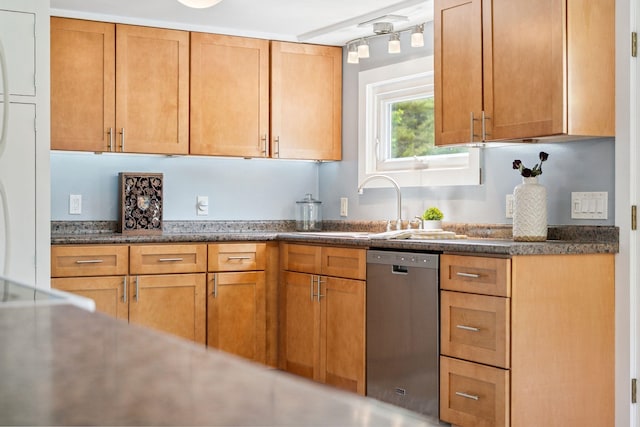 626 County Rd, New London, NH 03257 - kitchen featuring dishwasher, brown cabinetry, and freestanding refrigerator