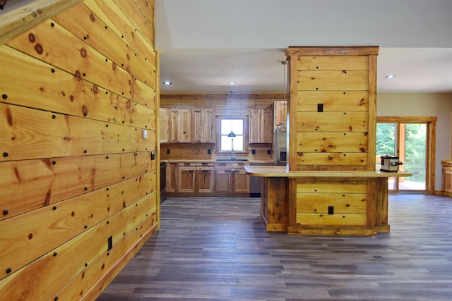 00 Serenity Ln, Lisbon, NH 03585 - kitchen with dark wood finished floors, recessed lighting, light countertops, and stainless steel fridge