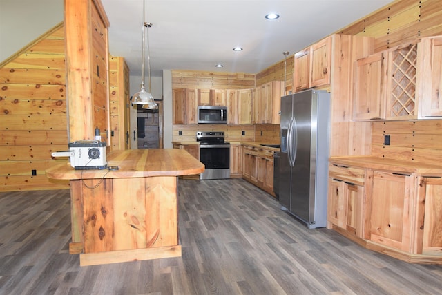 00 Serenity Ln, Lisbon, NH 03585 - kitchen featuring stainless steel appliances, wooden counters, dark wood finished floors, light brown cabinetry, and recessed lighting