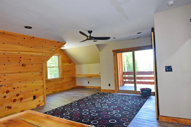 00 Serenity Ln, Lisbon, NH 03585 - additional living space featuring lofted ceiling, a ceiling fan, wood finished floors, and wooden walls