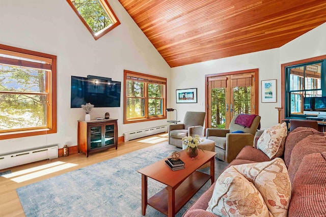 82 Little Cove Rd, New London, NH 03257 - living room featuring baseboard heating, wooden ceiling, plenty of natural light, high vaulted ceiling, and wood finished floors