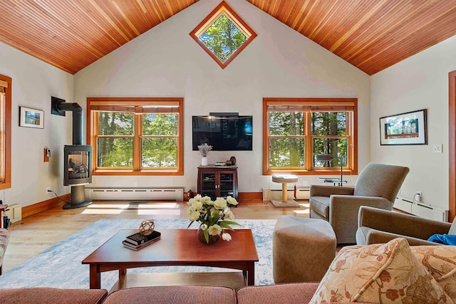 82 Little Cove Rd, New London, NH 03257 - living area featuring baseboard heating, wood finished floors, healthy amount of natural light, wooden ceiling, and high vaulted ceiling
