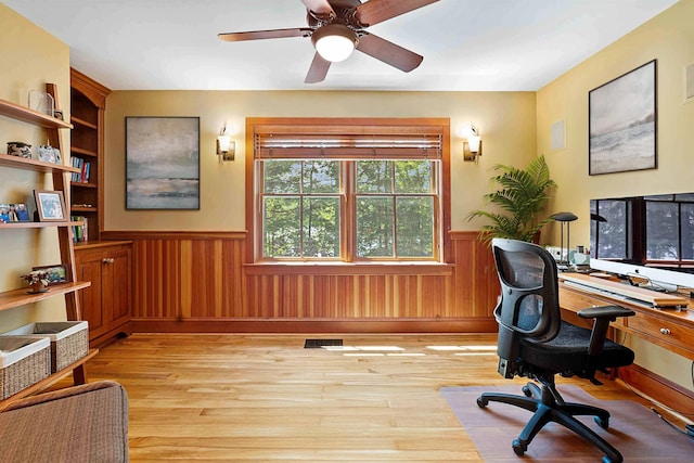82 Little Cove Rd, New London, NH 03257 - office space with a wainscoted wall, light wood finished floors, and a ceiling fan