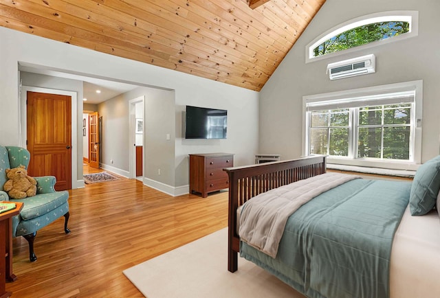 82 Little Cove Rd, New London, NH 03257 - bedroom with a wall mounted air conditioner, high vaulted ceiling, light wood finished floors, wooden ceiling, and recessed lighting