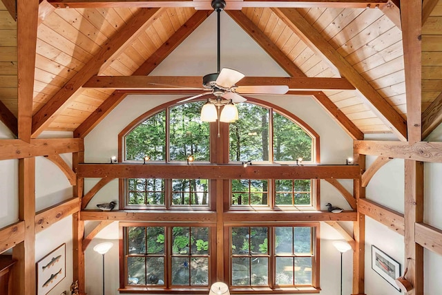 82 Little Cove Rd, New London, NH 03257 - detailed view of a wood ceiling with exposed beams and ceiling fan