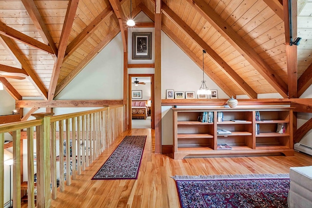 82 Little Cove Rd, New London, NH 03257 - bonus room featuring a ceiling fan, wood ceiling, hardwood / wood-style flooring, and a baseboard radiator
