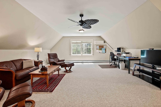 82 Little Cove Rd, New London, NH 03257 - carpeted living area with lofted ceiling, ceiling fan, and an office area