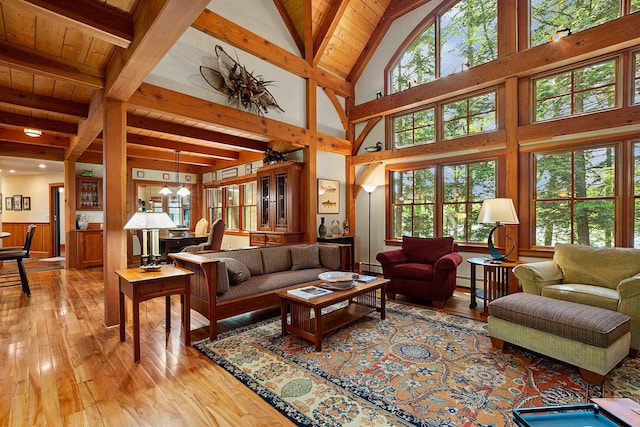 82 Little Cove Rd, New London, NH 03257 - living room with light wood-type flooring, a wood ceiling with exposed beams, a baseboard heating unit, a chandelier, and wainscoting