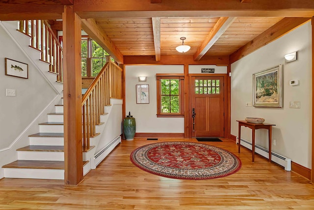82 Little Cove Rd, New London, NH 03257 - entrance foyer featuring a wooden ceiling with exposed beams, baseboard heating, light wood-type flooring, and stairs