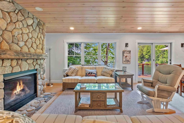 184 Bowles Rd, Newbury, NH 03855 - living area with wooden ceiling, a fireplace, wood finished floors, and recessed lighting
