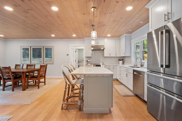 184 Bowles Rd, Newbury, NH 03855 - kitchen featuring appliances with stainless steel finishes, wooden ceiling, light wood-style flooring, a kitchen island, and under cabinet range hood