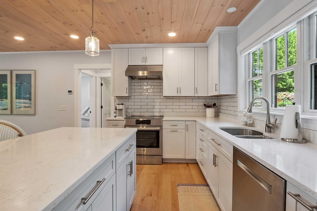 184 Bowles Rd, Newbury, NH 03855 - kitchen with appliances with stainless steel finishes, under cabinet range hood, wood ceiling, recessed lighting, and light wood finished floors