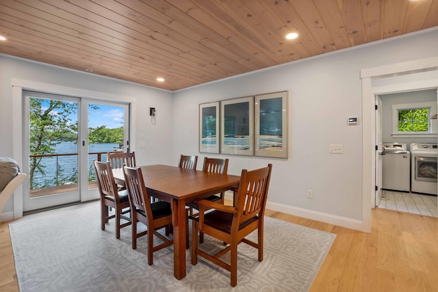 184 Bowles Rd, Newbury, NH 03855 - dining space with independent washer and dryer, wooden ceiling, recessed lighting, light wood finished floors, and a water view
