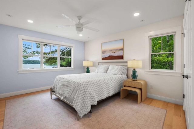 184 Bowles Rd, Newbury, NH 03855 - bedroom with light wood-style flooring, recessed lighting, and ceiling fan