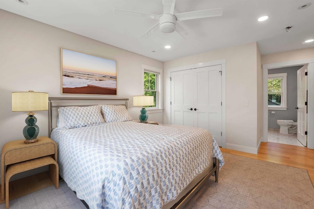 184 Bowles Rd, Newbury, NH 03855 - bedroom with a closet, wood finished floors, recessed lighting, and a ceiling fan