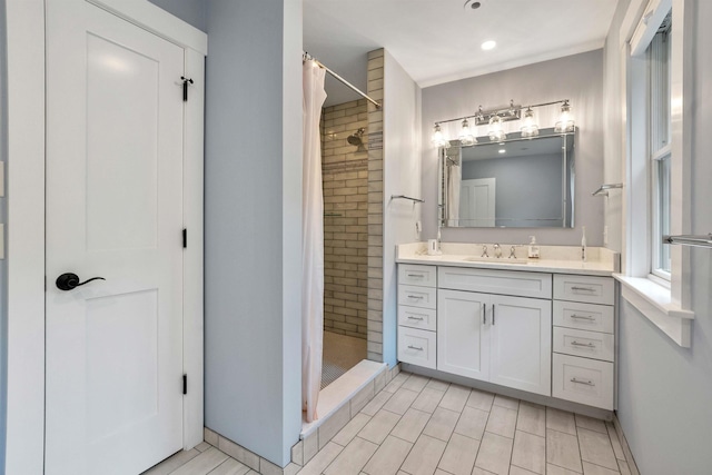 184 Bowles Rd, Newbury, NH 03855 - full bathroom with vanity, a stall shower, recessed lighting, and tile patterned floors