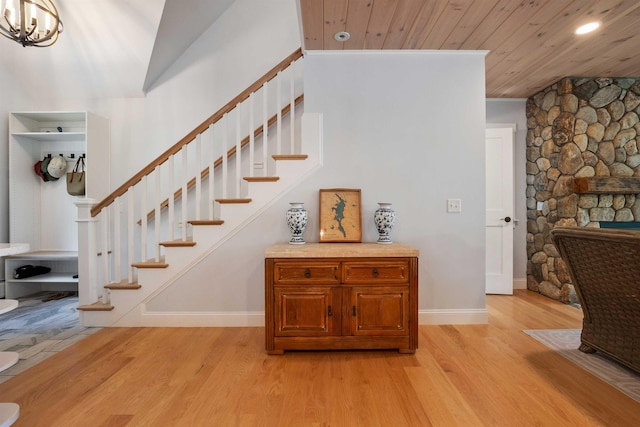 184 Bowles Rd, Newbury, NH 03855 - stairs featuring wood finished floors, wooden ceiling, recessed lighting, and a chandelier