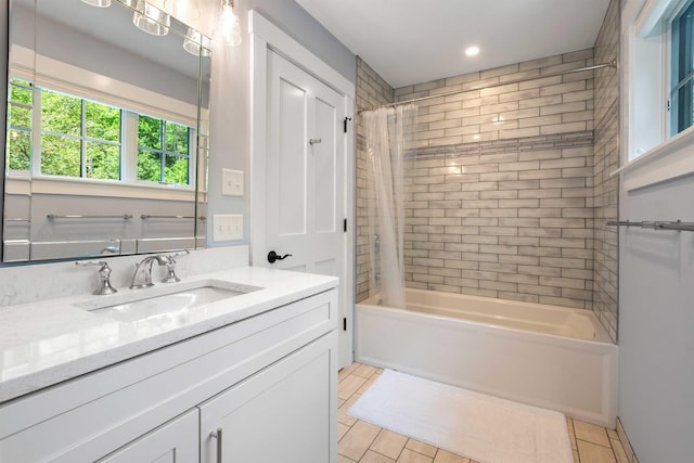 184 Bowles Rd, Newbury, NH 03855 - bathroom with vanity, tile patterned flooring, shower / bath combo with shower curtain, and recessed lighting