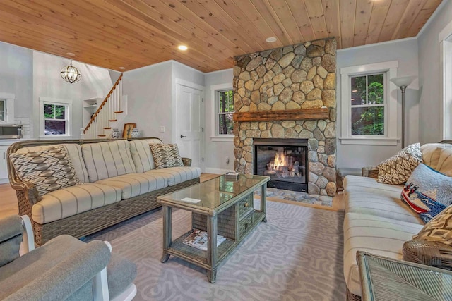184 Bowles Rd, Newbury, NH 03855 - living area featuring wood ceiling, ornamental molding, stairway, a fireplace, and recessed lighting