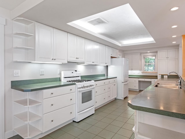 432 Shore Dr, Laconia, NH 03246 - kitchen featuring open shelves, white appliances, light tile patterned floors, and recessed lighting