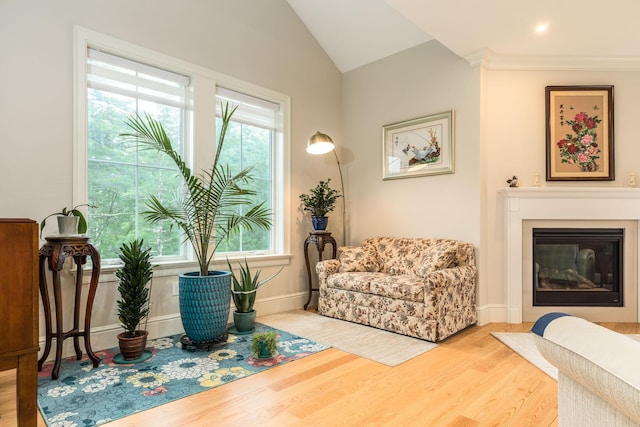 32 Willey Creek Rd Unit 402, Exeter, NH 03833 - sitting room featuring wood finished floors, healthy amount of natural light, a glass covered fireplace, crown molding, and lofted ceiling