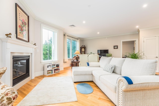 32 Willey Creek Rd Unit 402, Exeter, NH 03833 - living area featuring a glass covered fireplace, crown molding, recessed lighting, and light wood-style flooring