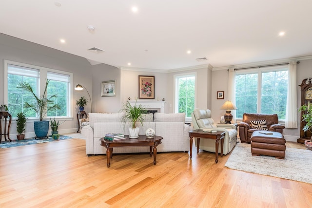 32 Willey Creek Rd Unit 402, Exeter, NH 03833 - living area with light wood-type flooring, crown molding, recessed lighting, and a fireplace