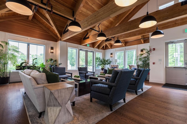 32 Willey Creek Rd Unit 402, Exeter, NH 03833 - living room with wood finished floors, a wooden ceiling with exposed beams, and high vaulted ceiling