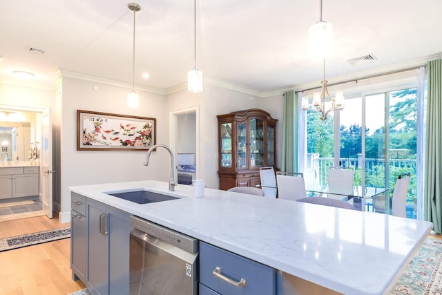 32 Willey Creek Rd Unit 402, Exeter, NH 03833 - kitchen with dishwasher, light wood-style floors, a chandelier, gray cabinets, and ornamental molding