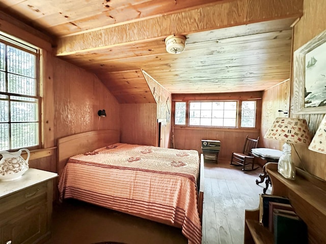 32 Pikes Point Rd, Bristol, NH 03222 - bedroom with wood ceiling, wood-type flooring, lofted ceiling, and wooden walls
