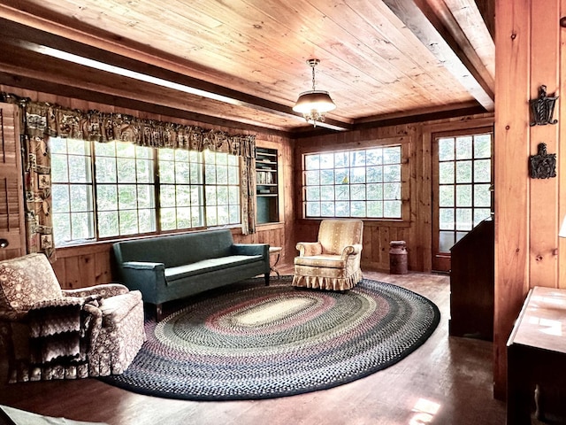 32 Pikes Point Rd, Bristol, NH 03222 - sitting room with wooden ceiling, wooden walls, plenty of natural light, and wood finished floors