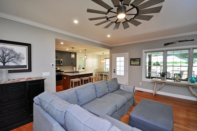 216 Jenness Hill Rd, Bristol, NH 03222 - living area with crown molding, dark wood-style floors, a chandelier, ceiling fan, and recessed lighting