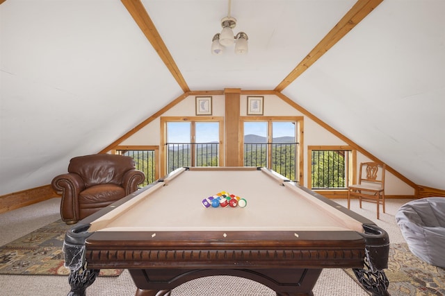 719 Roundabout Rd, Killington, VT 05751 - playroom with carpet, vaulted ceiling, and billiards