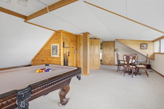719 Roundabout Rd, Killington, VT 05751 - recreation room with carpet flooring, wood walls, and billiards table