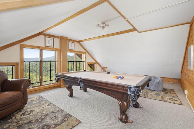 719 Roundabout Rd, Killington, VT 05751 - playroom with carpet flooring, vaulted ceiling, wood walls, billiards table, and a mountain view