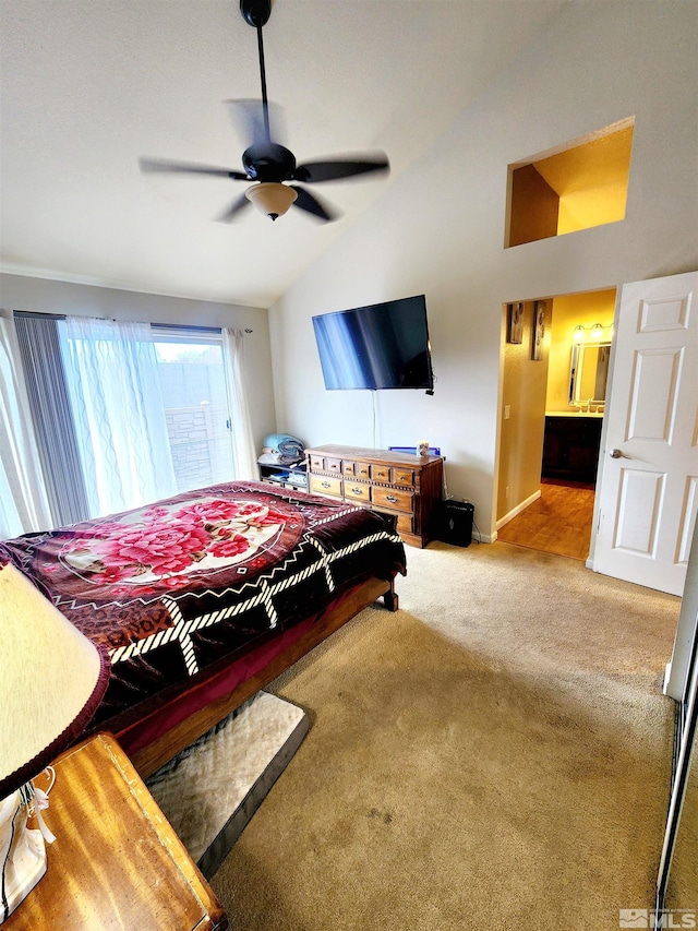 3348 Current Ct, Reno, NV 89509 - bedroom featuring vaulted ceiling, carpet floors, ensuite bathroom, ceiling fan, and baseboards