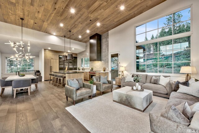 265 Mill Race Loop, Carson City, NV 89705 - living area with wooden ceiling, a towering ceiling, light wood finished floors, recessed lighting, and a chandelier