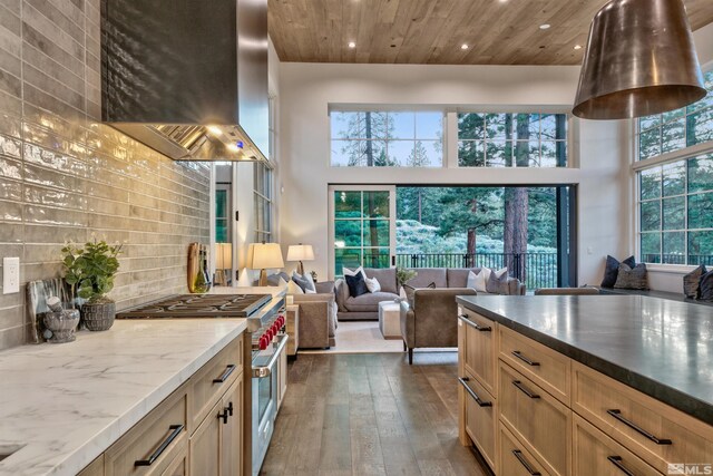 265 Mill Race Loop, Carson City, NV 89705 - kitchen featuring high end stove, wall chimney exhaust hood, dark wood-style floors, a towering ceiling, and open floor plan