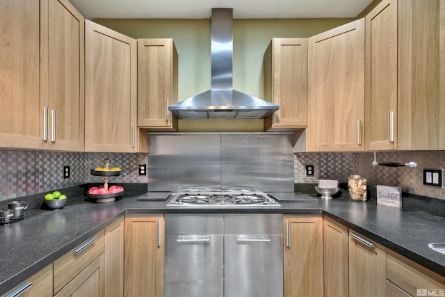 1008 Keystone Ct, Gardnerville, NV 89460 - kitchen featuring wall chimney range hood, stainless steel gas stovetop, light brown cabinetry, and backsplash