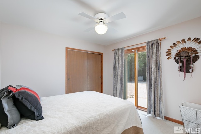 4223 Rancheria Rd, Fallon, NV 89406 - bedroom with access to exterior, carpet, a closet, baseboards, and a ceiling fan